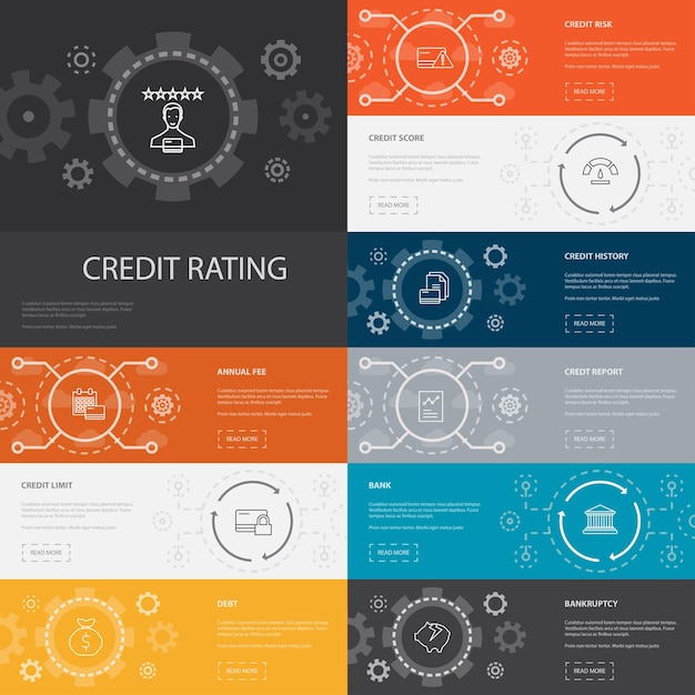 Cote De Crédit Infographie 10 Icônes De Ligne Bannières Risque De Crédit Pointage De Crédit Faillite Frais Annuels Icônes Simples