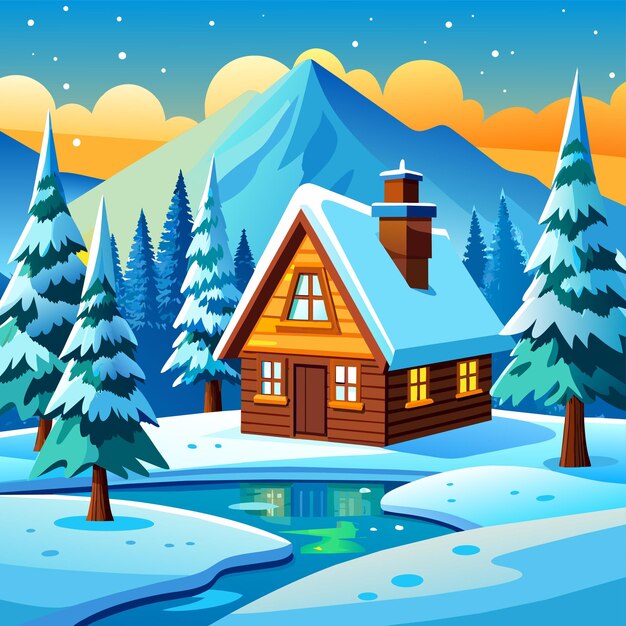 Vecteur cottage de campagne ou de village dans des montagnes enneigées dessiné à la main sticker icon concept isolé