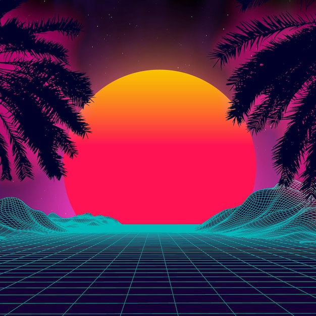 Coucher de soleil 3D sur la plage Retro palms vector background scifi