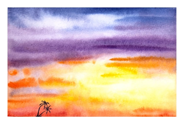 Vecteur coucher de soleil aquarelle dessiné à la main avec des silhouettes de palmiers