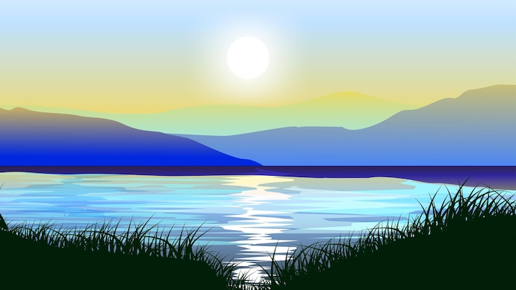 Vecteur coucher de soleil au lac avec terrain herbeux