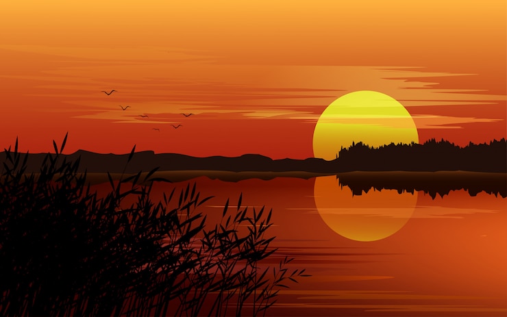 Vecteur coucher de soleil au lac