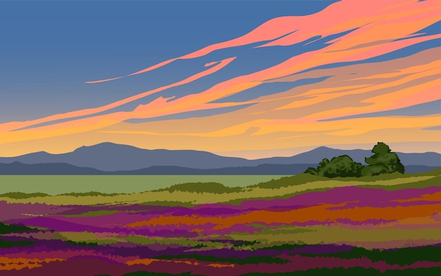 Vecteur coucher de soleil crépuscule paysage de campagne