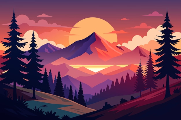Vecteur coucher de soleil dans la forêt de montagne arrière-plan de dessin animé