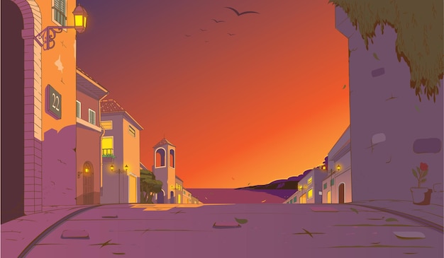 Vecteur coucher de soleil dans l'illustration de la petite ville