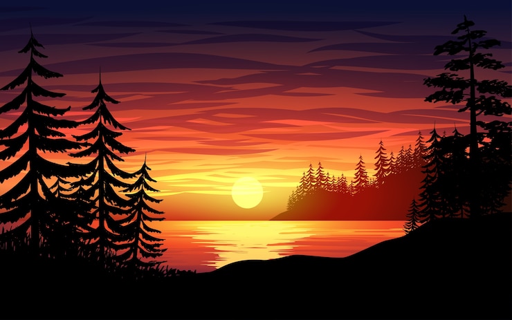 Vecteur coucher de soleil dans un lac avec des pins