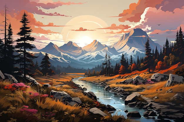 Vecteur le coucher de soleil dans les montagnes et la rivière paysage scène paysage avec montagne et lac matin