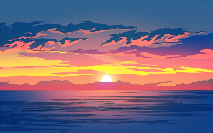 Vecteur coucher de soleil dans le paysage naturel de la mer