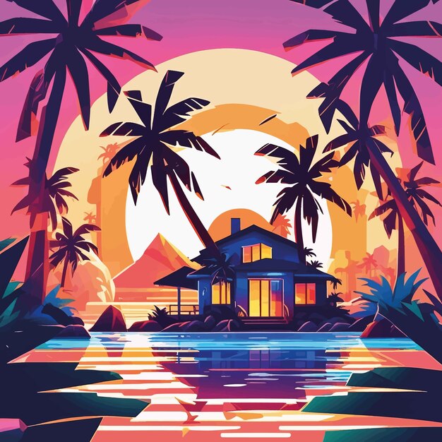 Coucher De Soleil Dans La Station Tropicalecoucher De Soleil Dans La Station Tropicaleillustration Vectorielle D'une Plage Tropicale