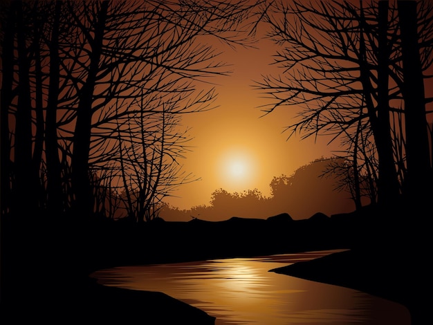 Vecteur un coucher de soleil doré spectaculaire au bord de la rivière