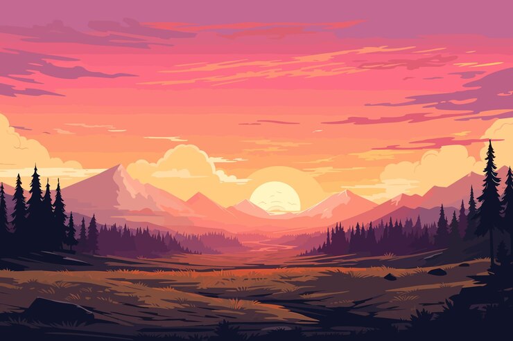 Vecteur coucher de soleil d'été paysage plat vector art illustration rétro affiche vintage