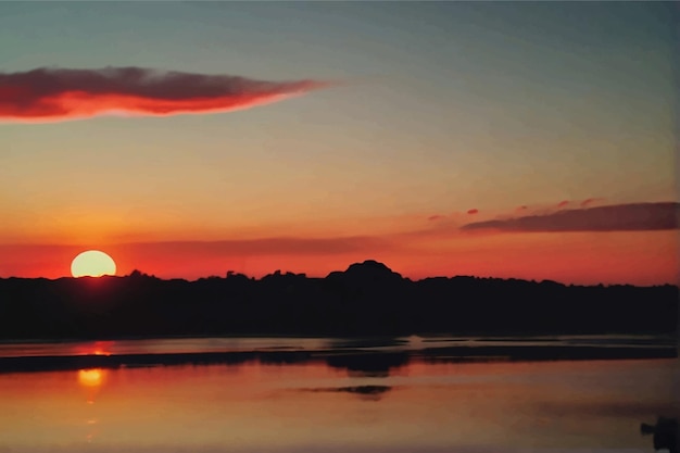 un coucher de soleil avec un lac et quelques nuages dans le ciel
