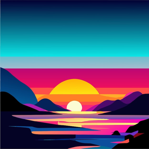 Vecteur le coucher de soleil de la mer paysage du soleil au-dessus de l'océan avec des nuages surface de l'eau palmier et plage à dos plat