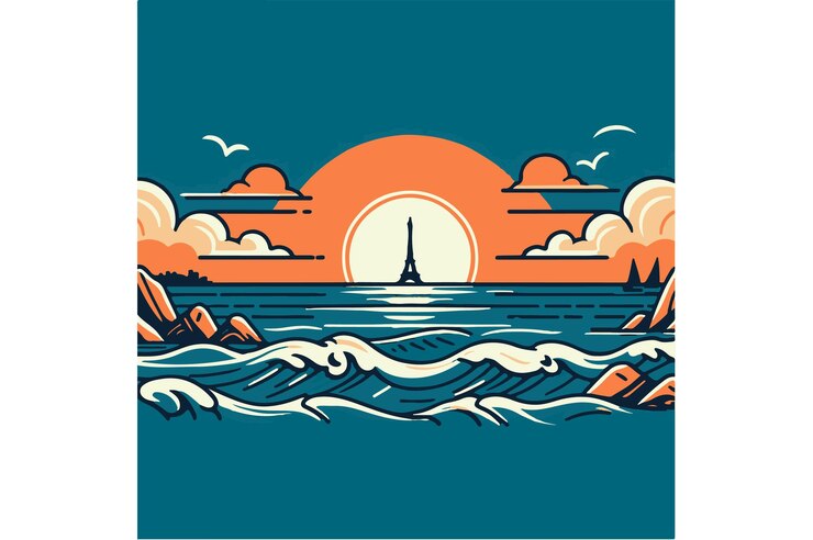 Vecteur coucher de soleil sur la mer