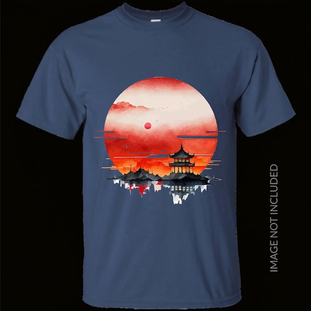 Vecteur le coucher de soleil moche aquarelle style chinois t-shirt graphique à l'encre noire et rouge generative ai