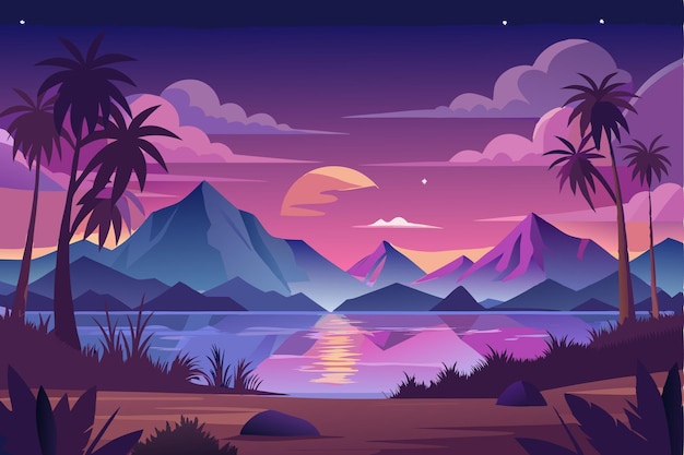 Le coucher de soleil sur les montagnes et les palmiers avec un lac au premier plan
