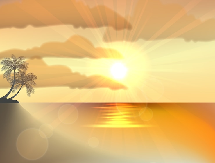Vecteur coucher de soleil océan plage d&#39;été avec palmier tropical