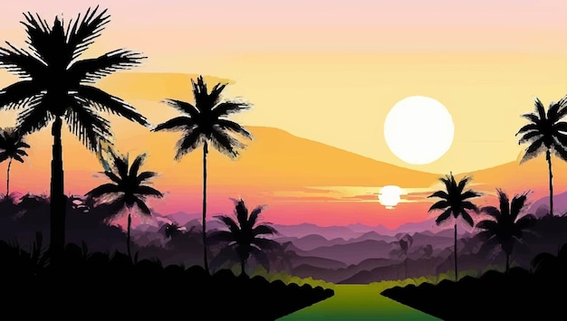 Vecteur un coucher de soleil avec des palmiers au premier plan et un ciel rose avec le soleil qui brille dessus.