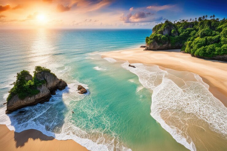 Vecteur un coucher de soleil sur une plage avec une plage et des rochers dans l'eau