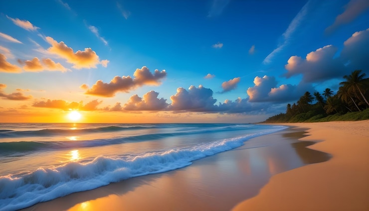 Vecteur le coucher de soleil sur la plage tropicale avec la lumière dorée et les nuages