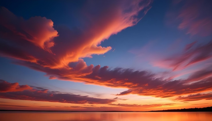 Vecteur un coucher de soleil spectaculaire sur un lac avec des nuages colorés