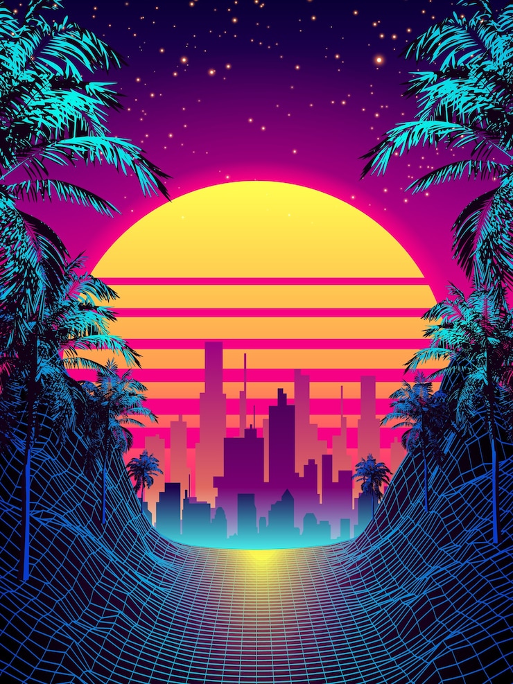 Vecteur coucher de soleil tropical de style rétro des années 80 avec silhouette de palmier et fond de ciel dégradé. design rétro classique des années 80. surface numérique du paysage numérique.