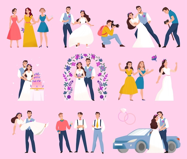 Vecteur couleur du jour du mariage sertie de cérémonie de mariage arc de fleurs bouquet de mariée baiser photographe fond rose illustration vectorielle