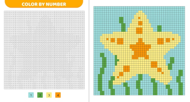 Couleur par numéro Étoile de mer dans les algues Livre à colorier à pixels Carrés numérotés Jeu pour enfants Art à pixels Illustration vectorielle isolée eps 10