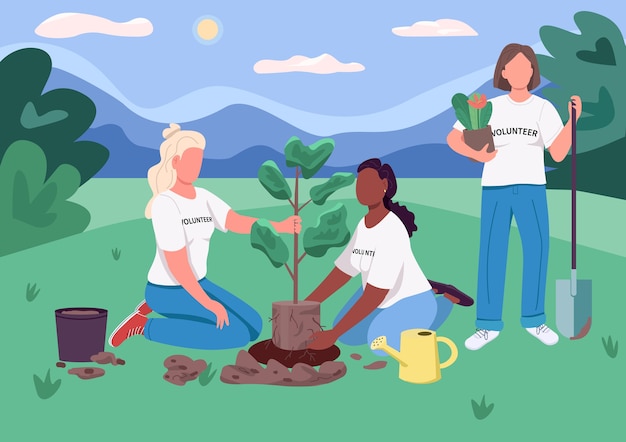 Couleur Plate écoféminisme. Des Bénévoles Plantent Des Arbres. Les éclaireuses Protègent La Nature. écologistes Féminins. Femmes En écologie Personnages Sans Visage De Dessin Animé 2d Avec Des Paysages De Nature Sur Fond