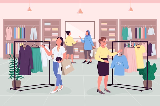 Couleur Plate D'entraînement Femelle. Les Habitudes D'achat. Boutique De Prêt-à-porter. Suivant Les Tendances De La Mode Personnages Sans Visage De Dessin Animé 2d Avec Intérieur De Magasin De Vêtements Sur Fond