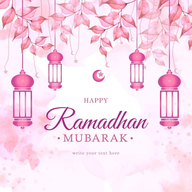 Couleur Rose Sur La Carte De Voeux Du Ramadan Moubarak Avec Des Fleurs Et Un Fond De Lanterne Arabe