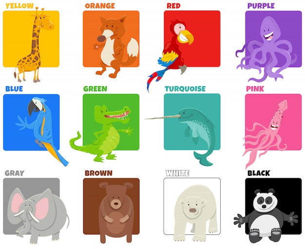Vecteur couleurs de base définies avec des personnages d'animaux comiques
