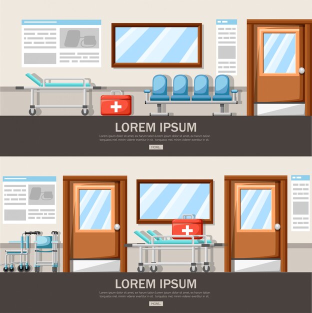 Couloir De L'hôpital Vide. Intérieur Du Couloir De La Clinique Avec Fauteuil Dans Une Rangée Et Lit D'hôpital. Trousse De Premiers Secours. Concept Médical. Illustration. Page Du Site Web Et Application Mobile