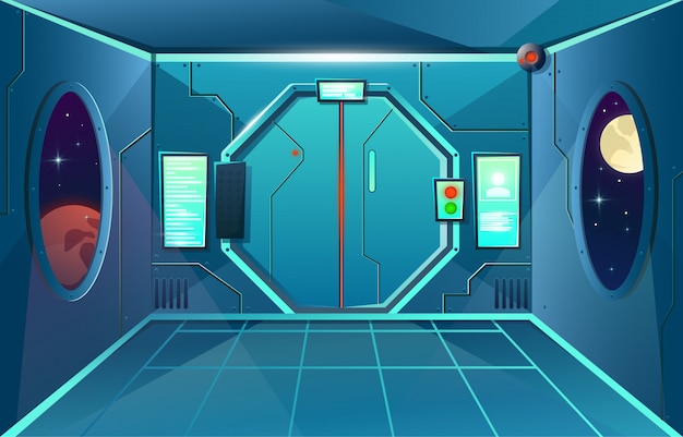 Vecteur couloir en vaisseau spatial avec hublot et caméra. pièce intérieure futuriste avec porte pour jeux et applications