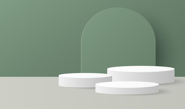 Vecteur coup de papier d'une scène minimale avec un podium en cylindre sur fond vert modèle de présentation du produit show cosmétique illustration vectorielle