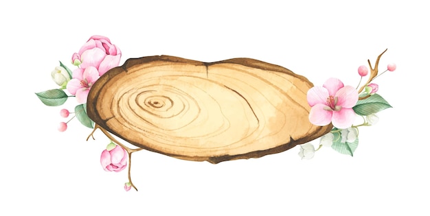 Coupe En Bois Avec Décoration Florale Illustration à L'aquarelle