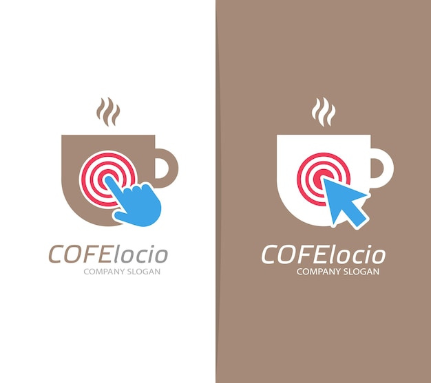 Vecteur coupe de café vectorielle et cliquez sur la combinaison de logo café et curseur symbole ou icône restaurant unique et