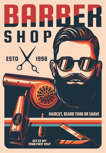 Coupe De Cheveux Homme, Coupe De Barbe Ou Bannière Rétro De Rasage