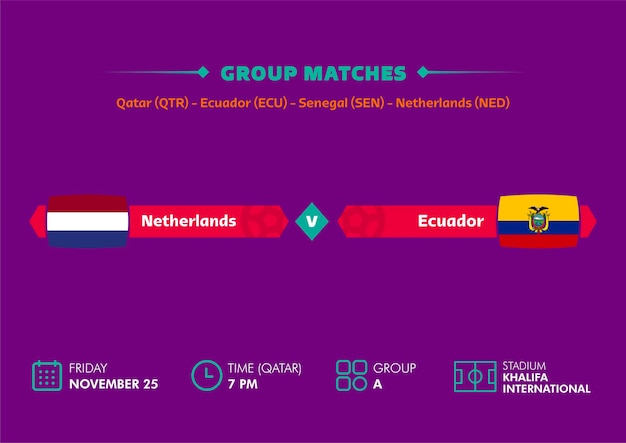 Coupe Du Monde De Football, Qatar 2022. Calendrier Des Matchs Des Pays-bas Contre L'équateur Avec Des Drapeaux. Coupe Du Monde.