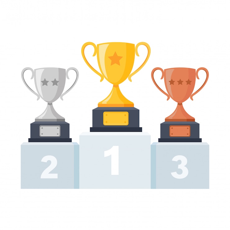 Vecteur coupe du trophée or, argent, bronze, gobelet sur podium, piédestal isolé sur blanc. 1ère, 2ème, 3ème place.