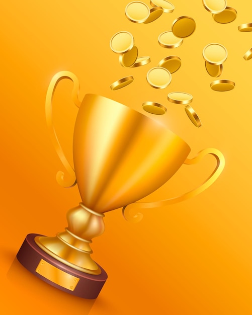 La coupe gagnante avec des pièces d'or volantes. Illustration vectorielle