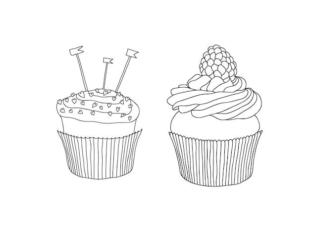 Vecteur coupe de gâteau d'anniversaire page de coloration noire dessinée à la main dessin simple set de gâteaux sucrés