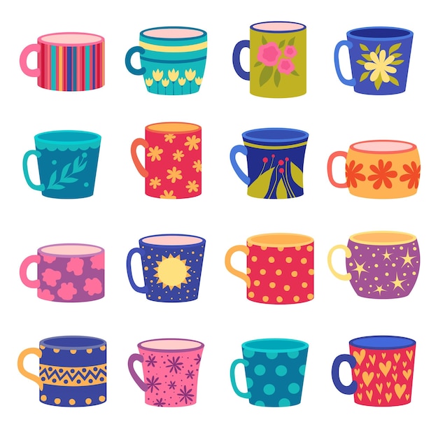 Vecteur coupe d'ornements. tasses colorées à la mode et pratiques avec des textures florales et géométriques dessinées ensemble de vecteurs. tasse d'illustration pour café et thé avec motif coloré