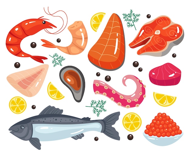 Coupe de tranche de concept de repas de nourriture marine de mer Conception graphique de dessin animé plat de vecteur ensemble isolé