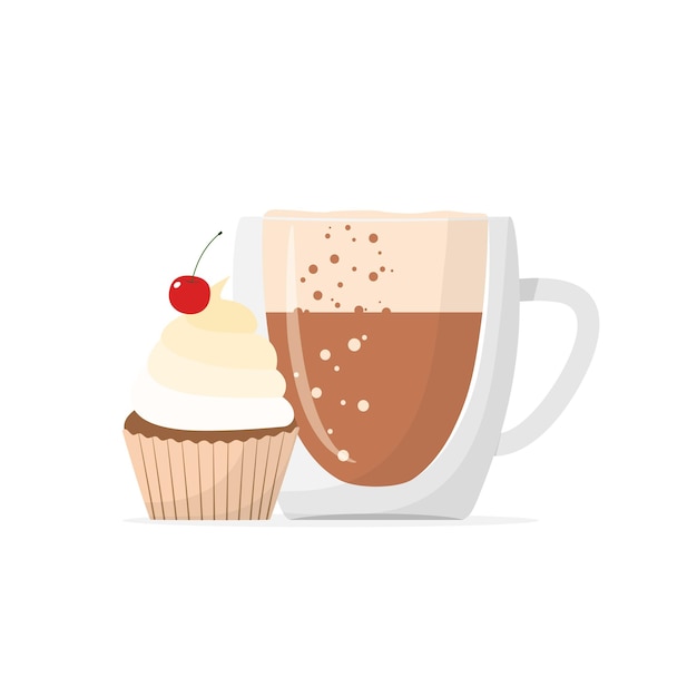 Coupe En Verre De Cappuccino Ou Tard Avec Muffin Cupcake Avec Cerise Et Café Illustration Vectorielle