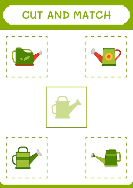 Couper et assortir des parties du jeu d'arrosoir pour enfants Feuille de travail imprimable d'illustration vectorielle