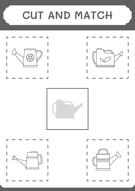 Couper et assortir des parties du jeu d'arrosoir pour enfants Feuille de travail imprimable d'illustration vectorielle