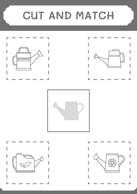 Couper et assortir des parties du jeu d'arrosoir pour enfants Feuille de travail imprimable d'illustration vectorielle