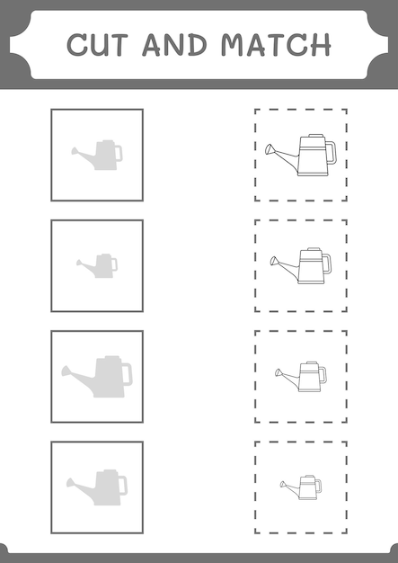 Couper et assortir des parties du jeu d'arrosoir pour enfants Feuille de travail imprimable d'illustration vectorielle