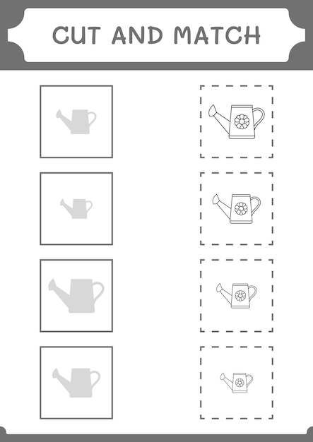 Couper et assortir des parties du jeu d'arrosoir pour enfants Feuille de travail imprimable d'illustration vectorielle